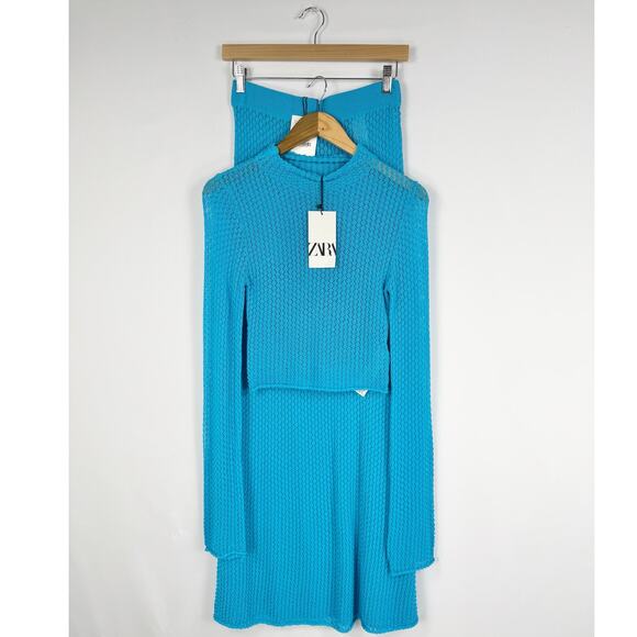 Zara Women's Pointelle Sweater Skirt Set Small Medium Turquoise Bloggers Fav - Picture 2 of 15